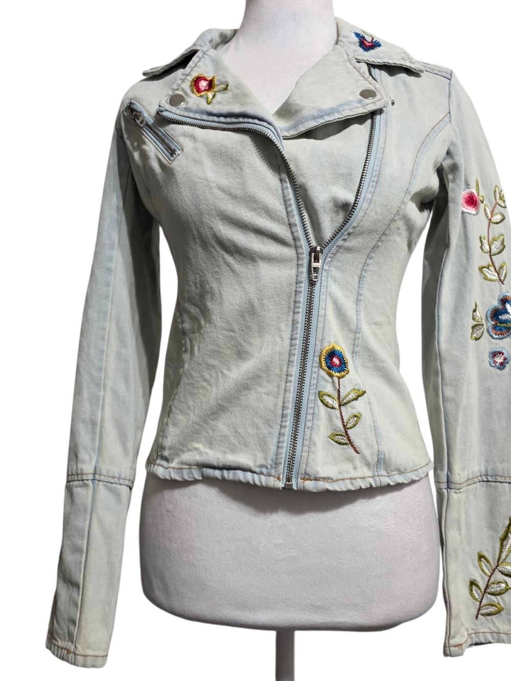 Candie's Embroidered Denim Moto Jacket Floral Bird Y2K Boho Biker Jacket